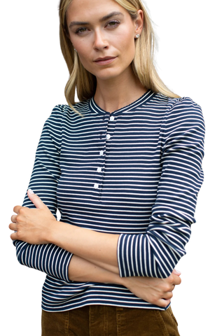 Marea Puff Sleeve Henley, Navy Ivory Stripe