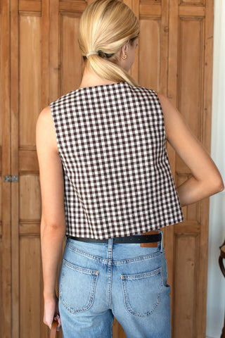 Love Tomas Button Front Wide Hem Top, Cocoa Gingham