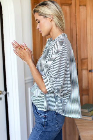 TS Love Tomas Mandarin Collar Top, Moss Stripe Organic