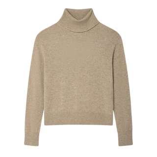 White & Warren Cashmere Rib Trim Easy Turtleneck, Taupe Heather