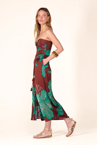 Poupette St. Barth Long Dress Collina VS, Brown Hibiscus