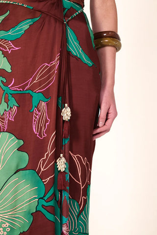 Poupette St. Barth Long Dress Collina VS, Brown Hibiscus