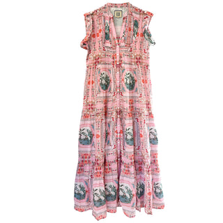 Bell Kat Maxi Dress w Belt, Pink Bird Print