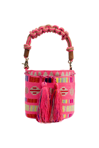 Guanabana Aries Short Macrame Handle Crossbody, Neon Pink & Multi
