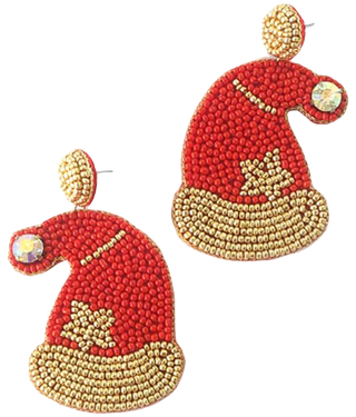 Beaded Santa Star Hat Earrings, Red & Gold