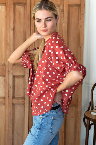 Love Tomas Mandarin Collar Top, Antique Rouge Diamonds Organic