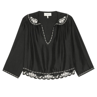 The Great The Embroidered Floral Peterpan Collar Top, Black