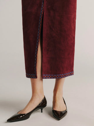 DL1961 Alma Midi Skirt, Burgundy Suede Embroidery