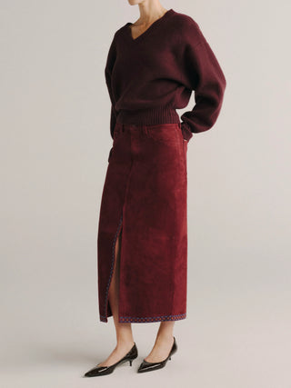 DL1961 Alma Midi Skirt, Burgundy Suede Embroidery