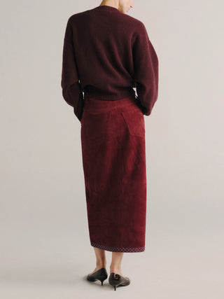 DL1961 Alma Midi Skirt, Burgundy Suede Embroidery