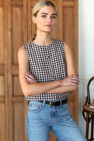 Love Tomas Button Front Wide Hem Top, Cocoa Gingham