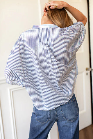 Love Tomas Mandarin Collar Top, Indigo Stripe Organic