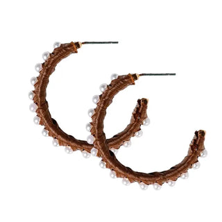Pearl Studded Raffia Statement Hoop Earrings, Dark Brown