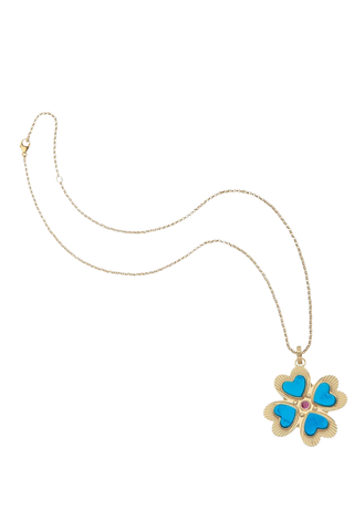 Jane Win Lucky in Love Clover Pendant Classic Rolo Necklace, Turquoise