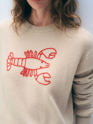 White & Warren Cashmere Embroidered Lobster Crewneck, Natural Heather Red