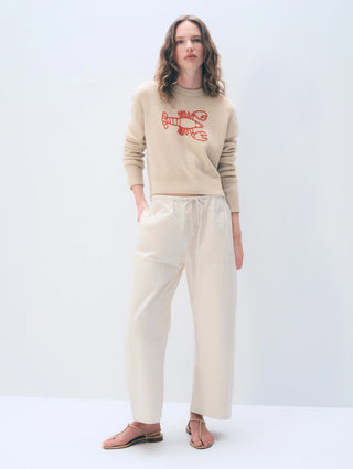 White & Warren Cashmere Embroidered Lobster Crewneck, Natural Heather Red