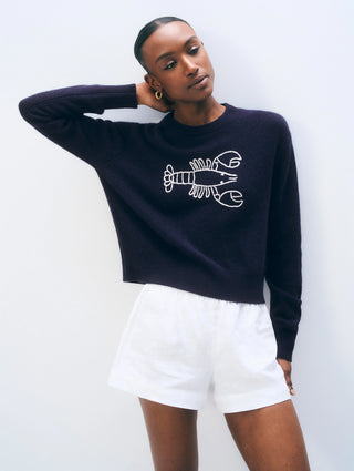 White & Warren Cashmere Embroidered Lobster Crewneck, Deep Navy Soft White