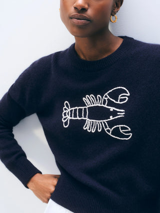 White & Warren Cashmere Embroidered Lobster Crewneck, Deep Navy Soft White