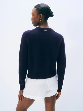 White & Warren Cashmere Embroidered Lobster Crewneck, Deep Navy Soft White