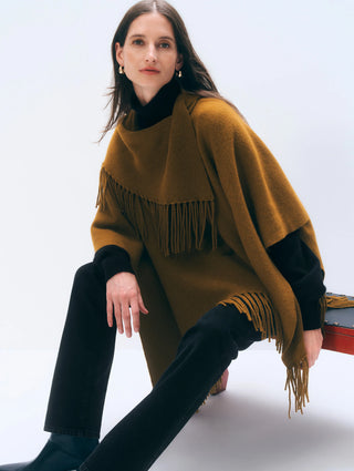 White & Warren Cashmere Blend Fringe Poncho, Antique Gold