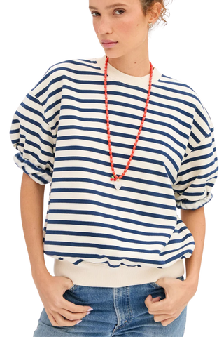 Clare V. Short Sleeve Oversized Sweatshirt, Cream Navy Stripes
