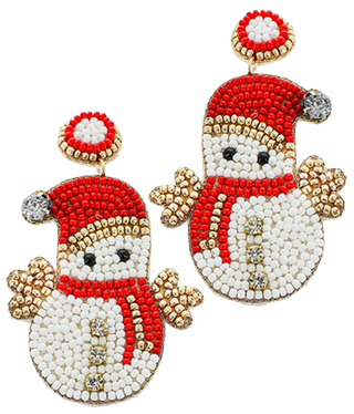 Beaded Snowman Earrings, White & Red