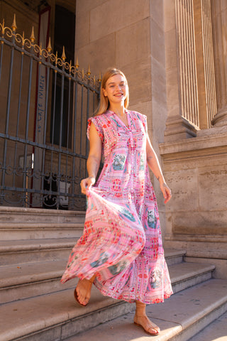 Bell Kat Maxi Dress w Belt, Pink Bird Print