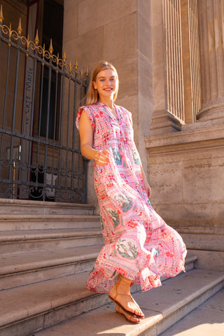 Bell Kat Maxi Dress w Belt, Pink Bird Print