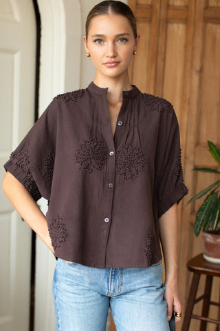 Love Tomas Mandarin Collar Top, French Knot Floral Vintage Chestnut