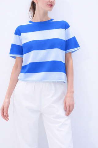 White & Warren Cashmere Striped Tee, Bright Azure Pastel Blue