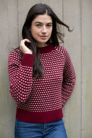 Marea Lodge Sweater, Burgundy Ivory Birdseye