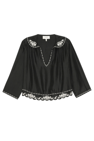 The Great The Embroidered Floral Peterpan Collar Top, Black