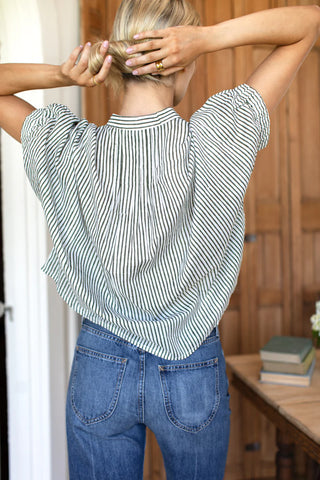 TS Love Tomas Mandarin Collar Top, Moss Stripe Organic
