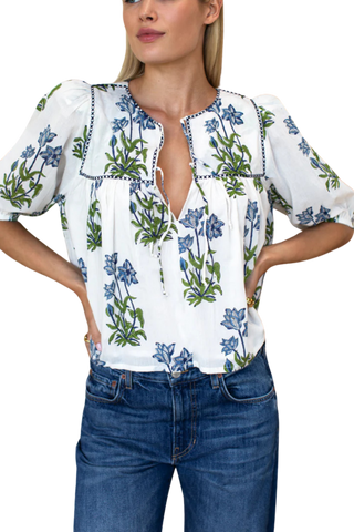 TS EF Love Tomas Puff Isla Top, Blue Clematis Flowers + Midnight Embroidery