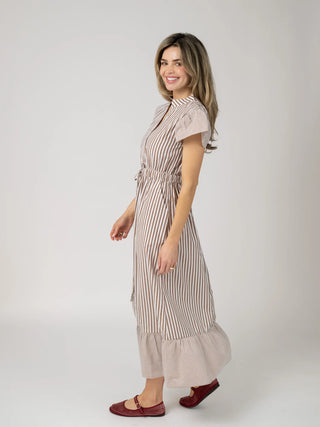 Beau & Ro Flutter Dress, Brown Stripe
