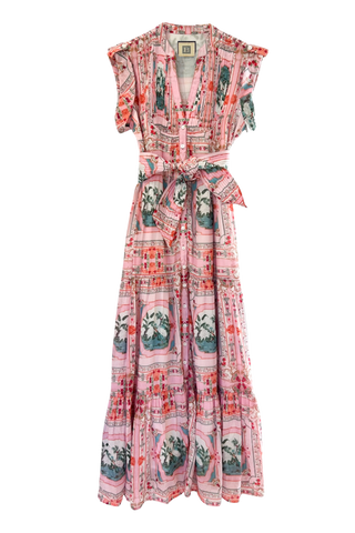 Bell Kat Maxi Dress w Belt, Pink Bird Print