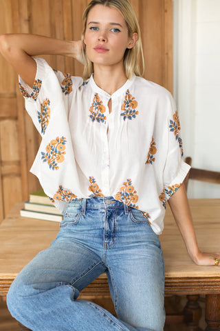 TS Love Tomas Mandarin Collar Top, Tomas Flowers Marigolds Organic