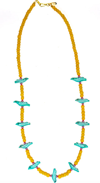 TS Gather Goods Long Turquoise Birds Necklace, Mustard