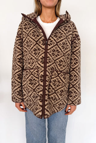 Marea Hooded Sherpa Jacket, Chocolate Jacquard