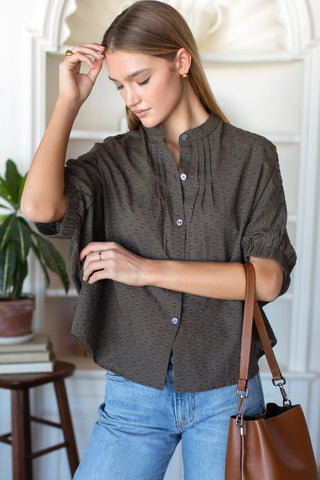Love Tomas Mandarin Collar Top, Olive Grove Swiss Dots Organic