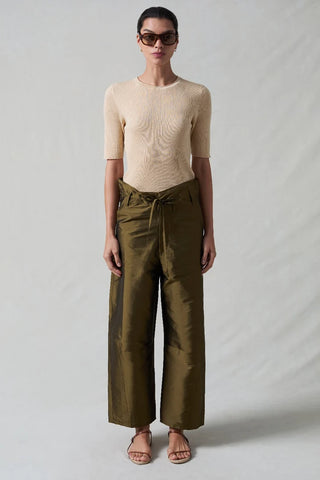 Chan Luu Techno Taffeta Barrel Pants, Olive