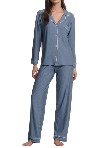 TS Eberjey Gisele Long PJ Set, Duo Stripe Blue Ivory