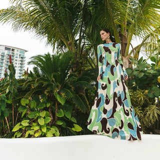 Cara Cara Aspen Maxi Dress - Long Sleeve Drop Waist in Petal Wave Mint