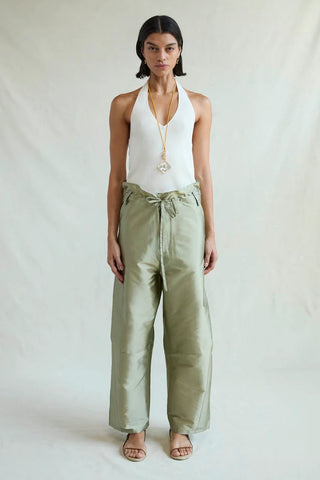 Chan Luu Techno Taffeta Barrel Pants, Sage