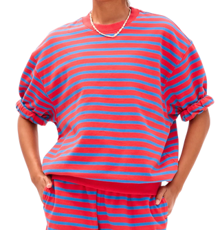 Clare V. Short Sleeve Oversized Sweatshirt, Red Bright Cobalt Stripes
