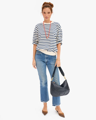 Clare V. Short Sleeve Oversized Sweatshirt, Cream Navy Stripes