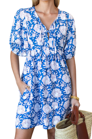 Love Tomas Bastian Short Dress, Mixed Flora Blue Linen
