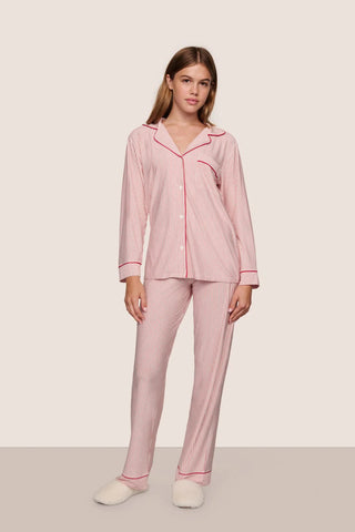 Eberjey Gisele Modal Long PJ Set, Duo Stripe Holiday Red