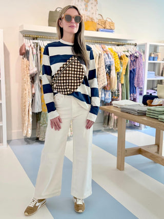 Clare V. Long Sleeve Tee Rugby Stripe, Cream/Navy