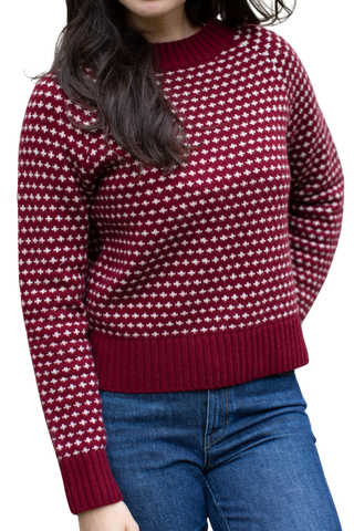 Marea Lodge Sweater, Burgundy Ivory Birdseye